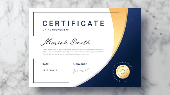 "Premium minimal custom printed certificate of achievement template with a dark blue wavy side block, a gold curved border line, clean typography for name placeholders, and a modern gold medal emblem on a marble surface background."