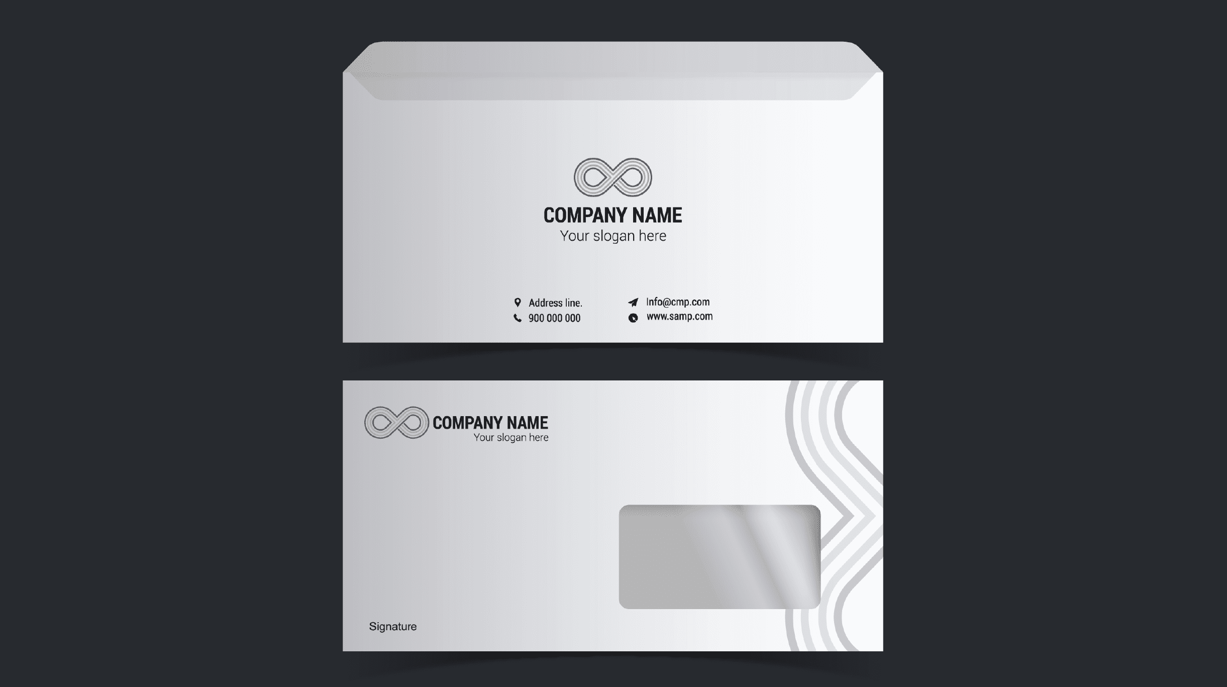 "Premium minimal business card mockup displaying the front side in solid dark blue with a gold icon and a white back side with clean corporate typography layout on a modern grey surface."