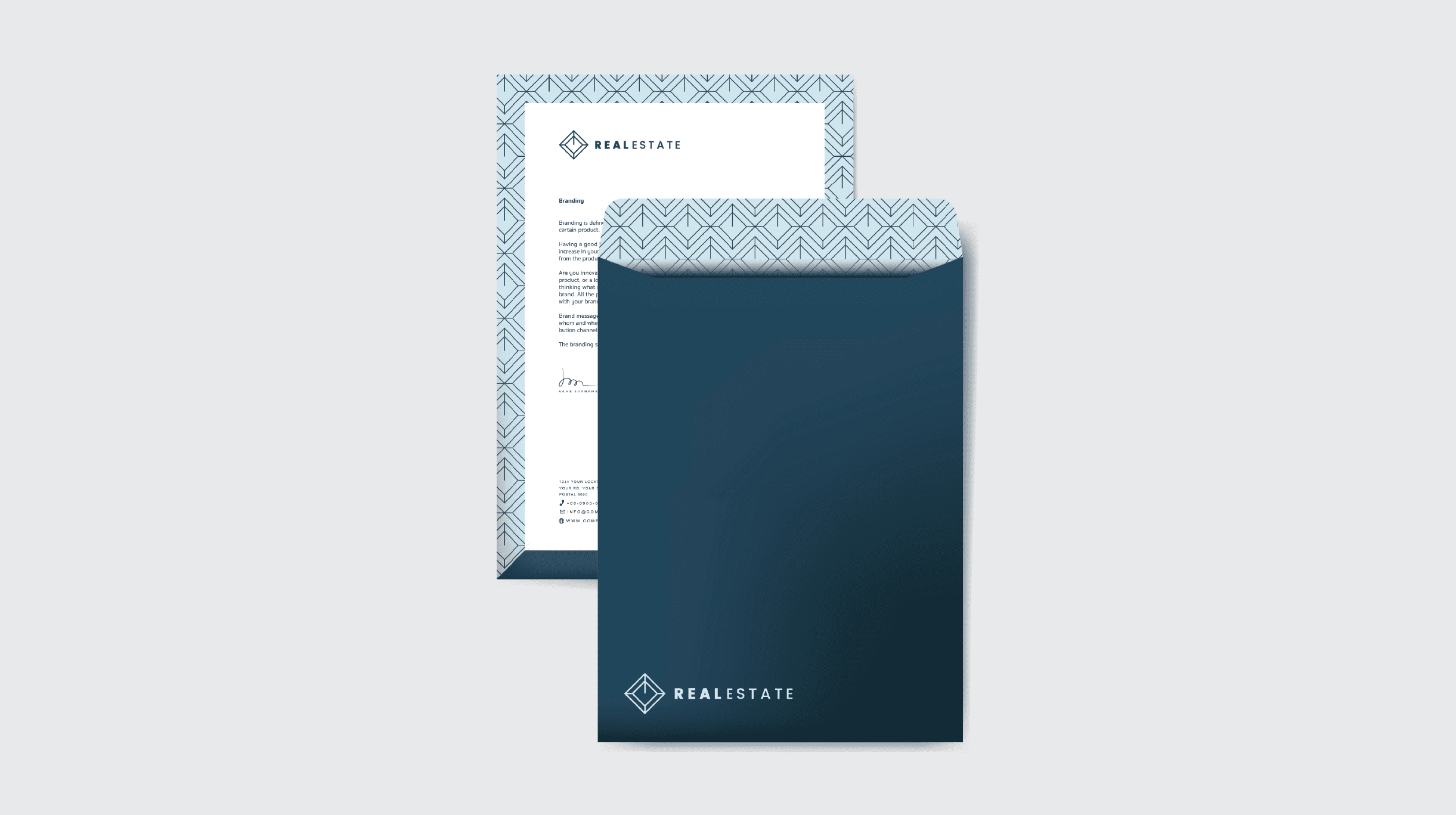 "Executive real estate identity corporate kit displaying a white official letterhead template next to a matching dark teal-blue envelope with geometric luxury interior patterns."