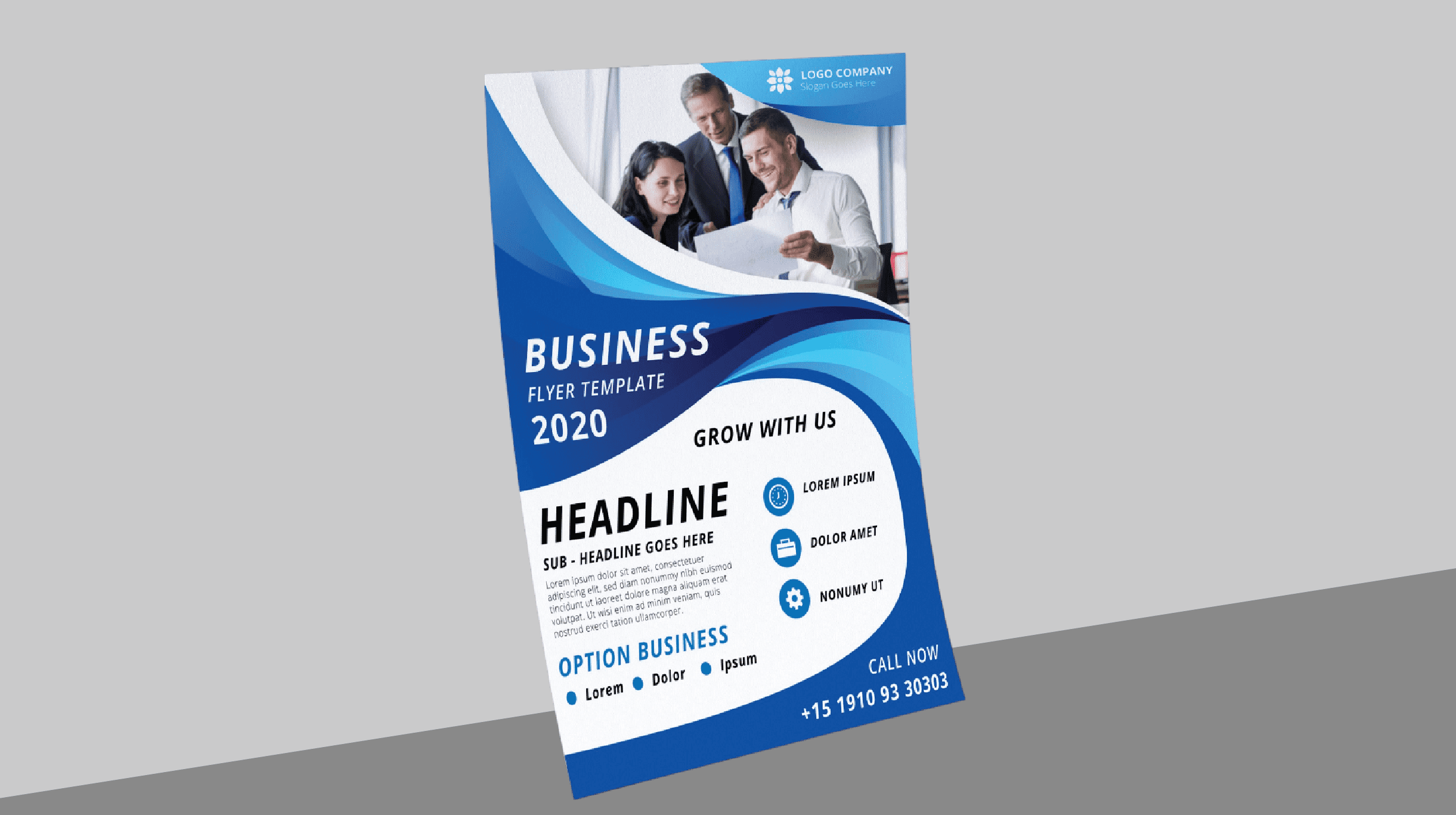 "A modern corporate business flyer template designed with dynamic blue sweeping curves, a corporate team image, and bold 'BUSINESS FLYER TEMPLATE' typography."