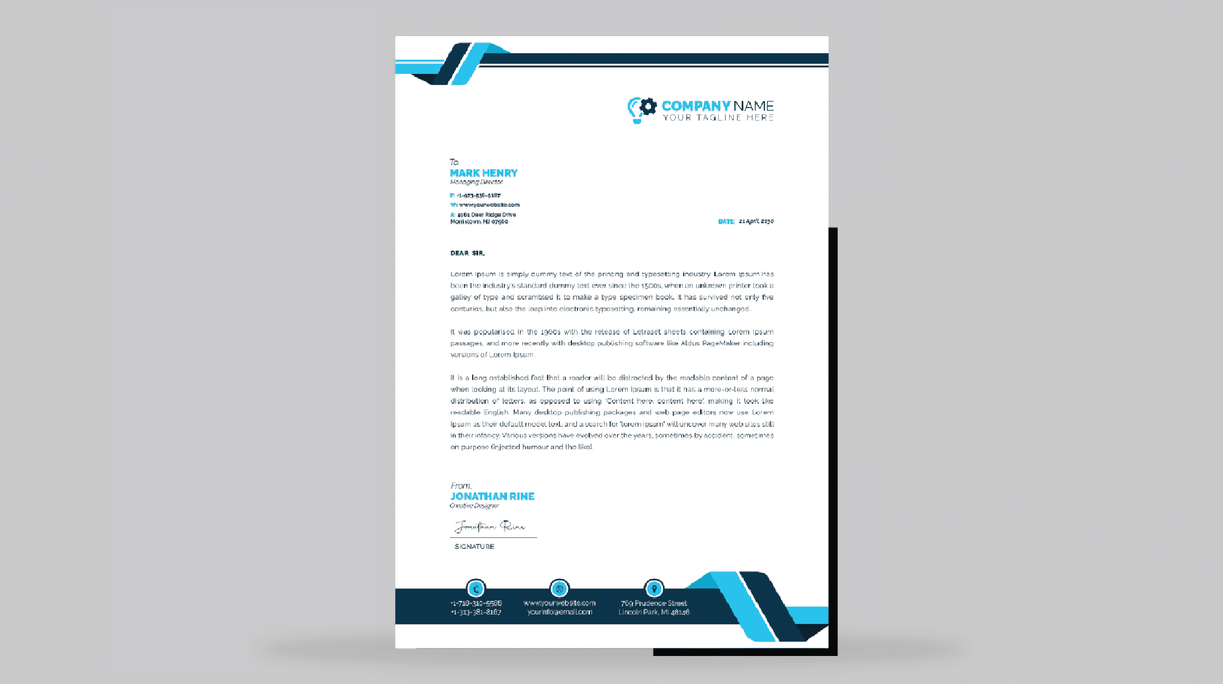 "Professional corporate letterhead template featuring abstract blue and black geometric ribbon overlays at the top and bottom margins, a tech gear bulb logo icon, and a formal text layout."