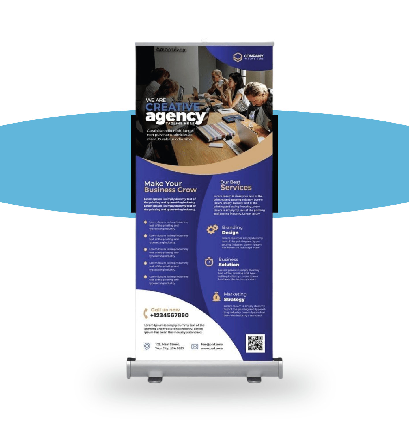 "A professional corporate pull-up banner stand showcasing a creative agency team workspace photo at the top, followed by a dark blue wave layout detailed with branding, design, and marketing service descriptions."