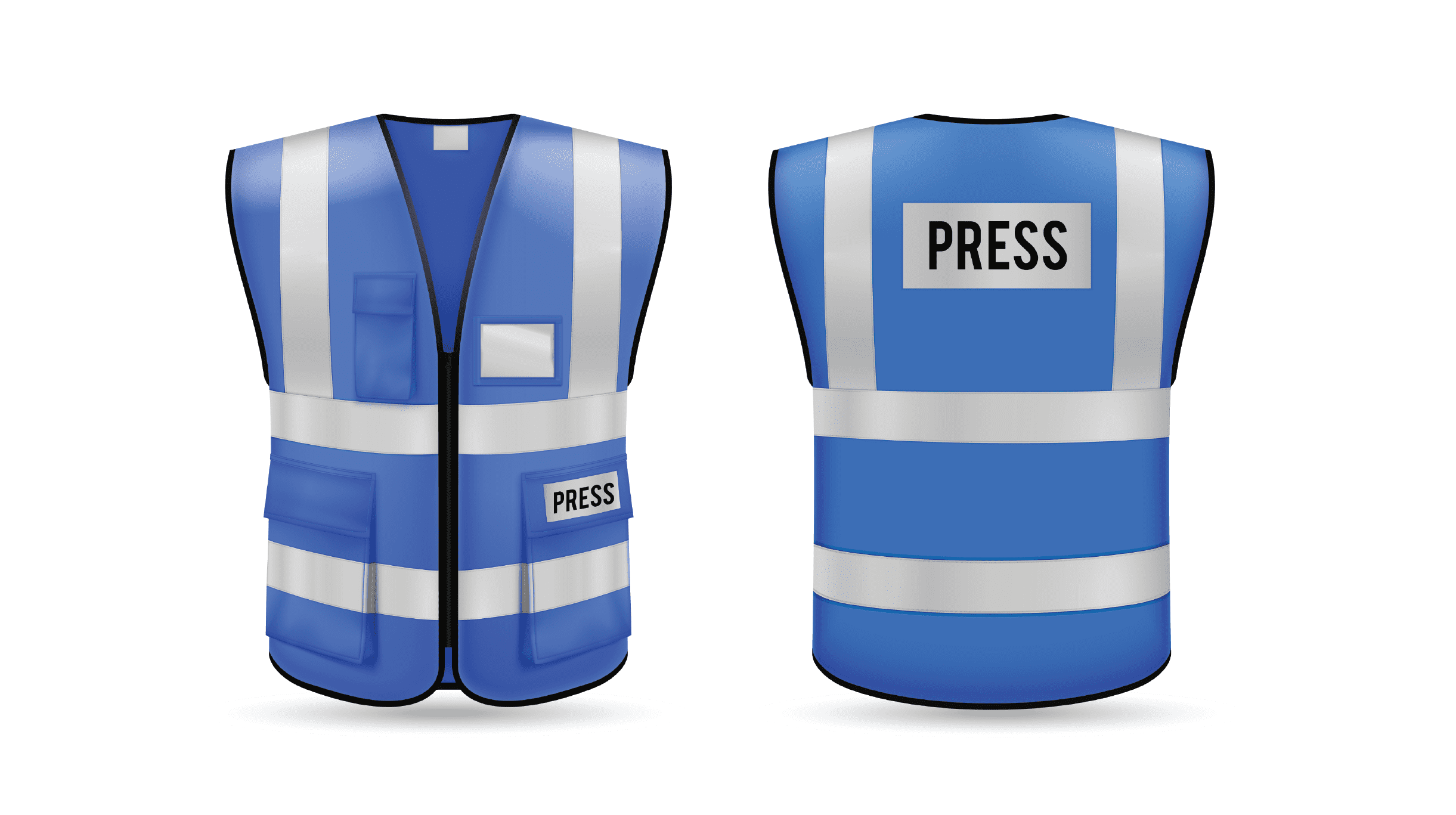 "High-visibility blue safety vest template showing front and back views with reflective silver stripes and 'PRESS' identifier badges on the pockets and upper back."
