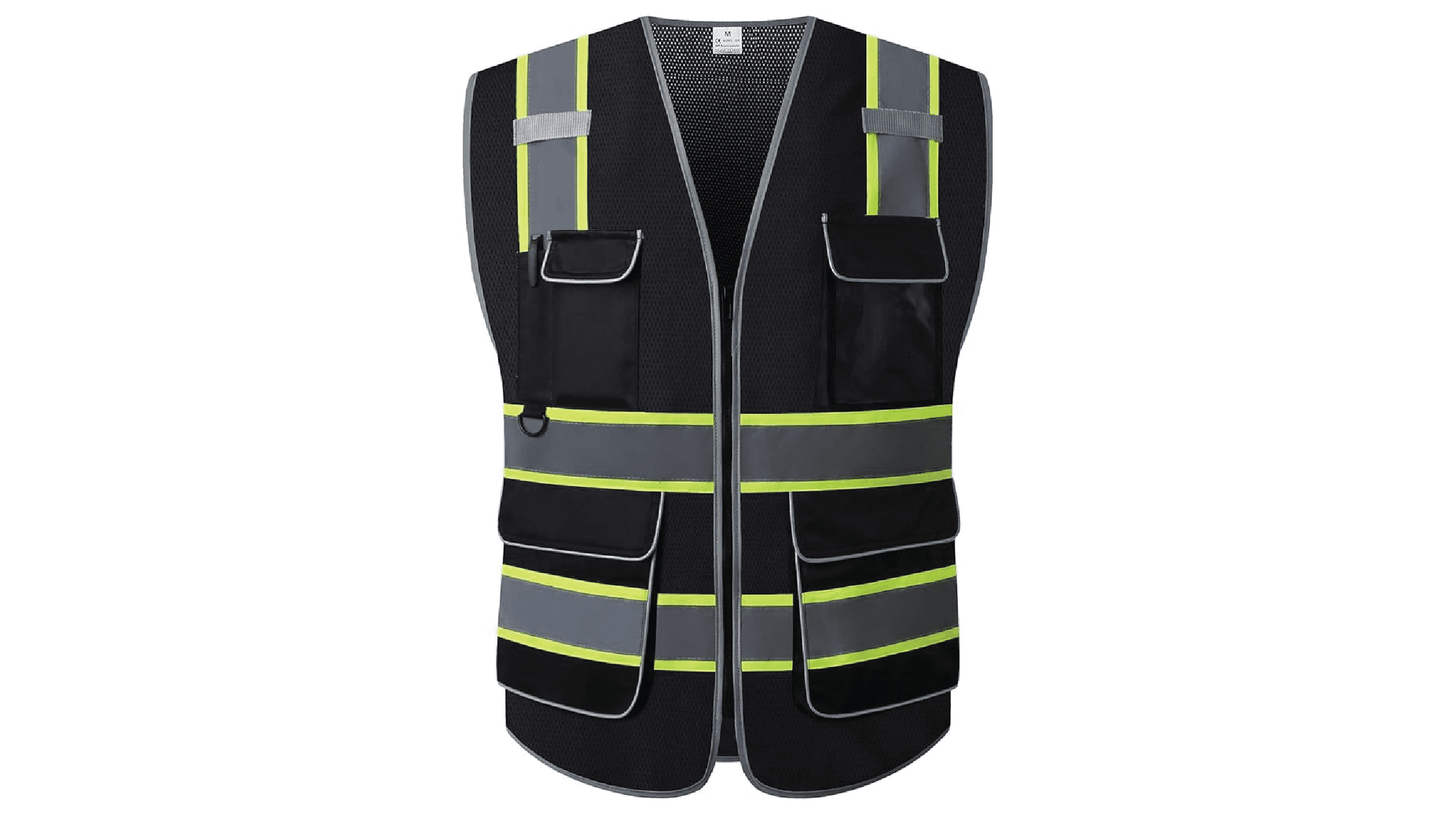 "Premium high-visibility black mesh safety vest with neon yellow and silver reflective stripes, featuring multiple utility pockets and a front zipper."