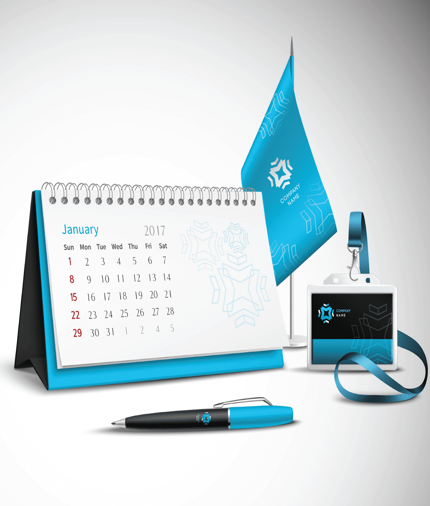 "Premium corporate identity stationery gift set in cyan blue and black, displaying a spiral-bound January 2017 desk tent calendar, a matching table flag, a branded pen, and an executive ID card holder lanyard."