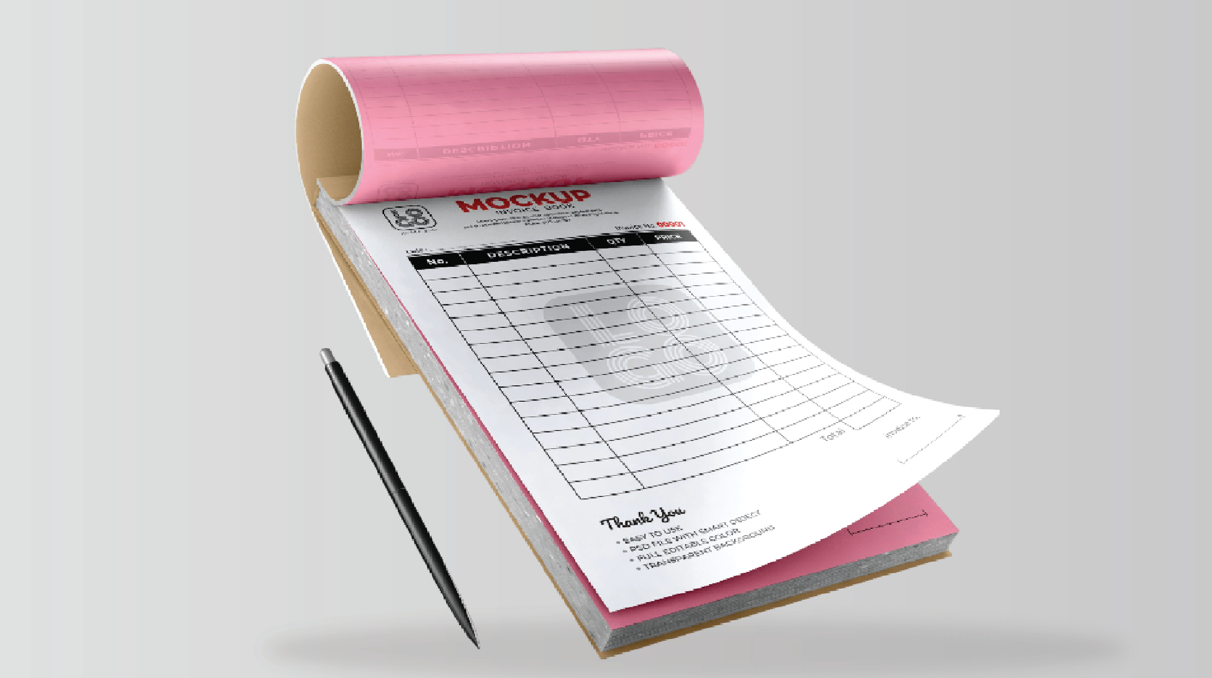"Premium custom printed duplicate invoice book mockup showing a curled white top page with black grid tables over a pink duplicate carbonless sheet background, complete with a sleek black pen."