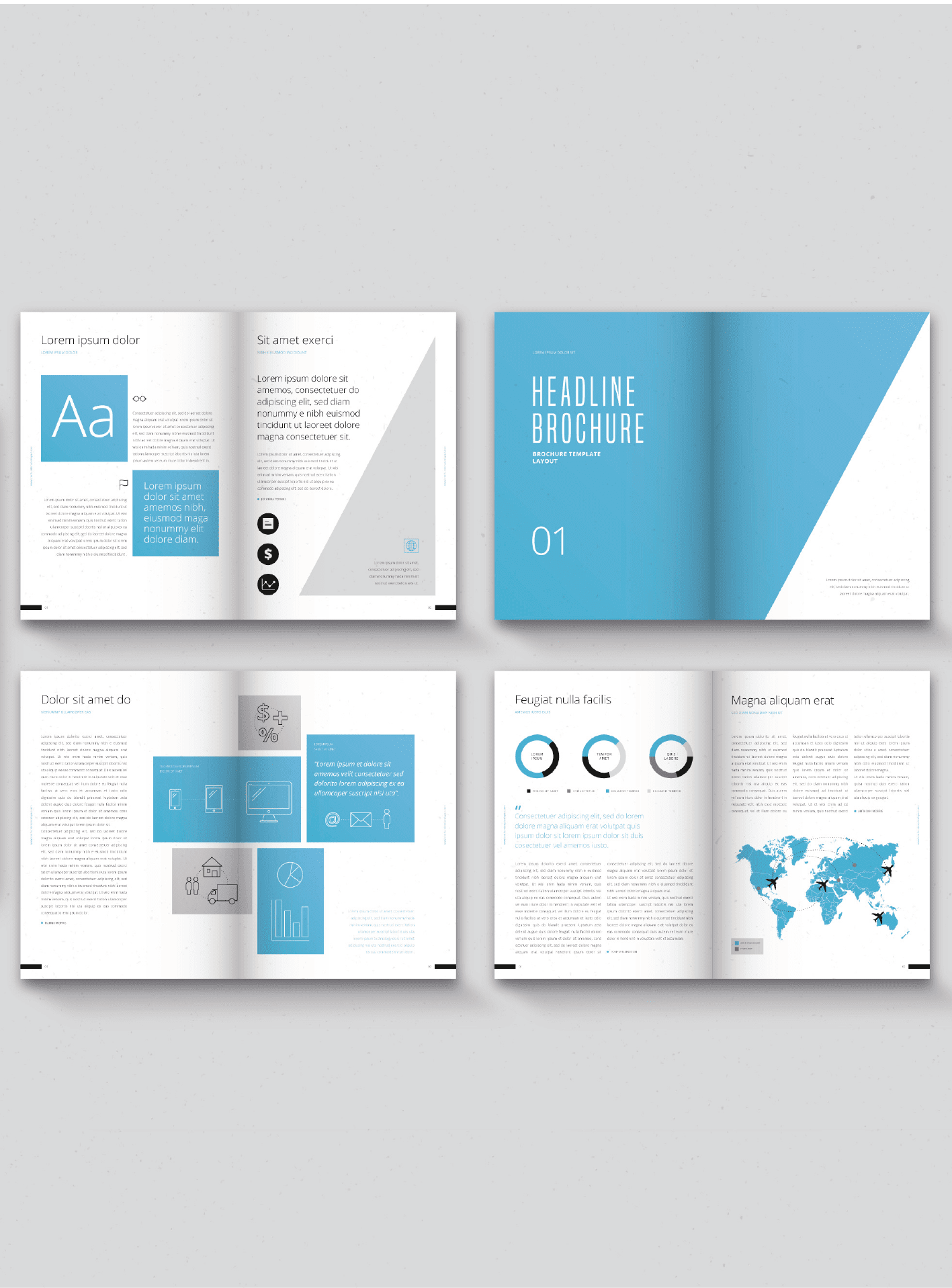 "Comprehensive multi-page corporate brochure template overview showing a blue and white minimalist layout with structured infographic charts, a world map grid, and clean typography blocks."