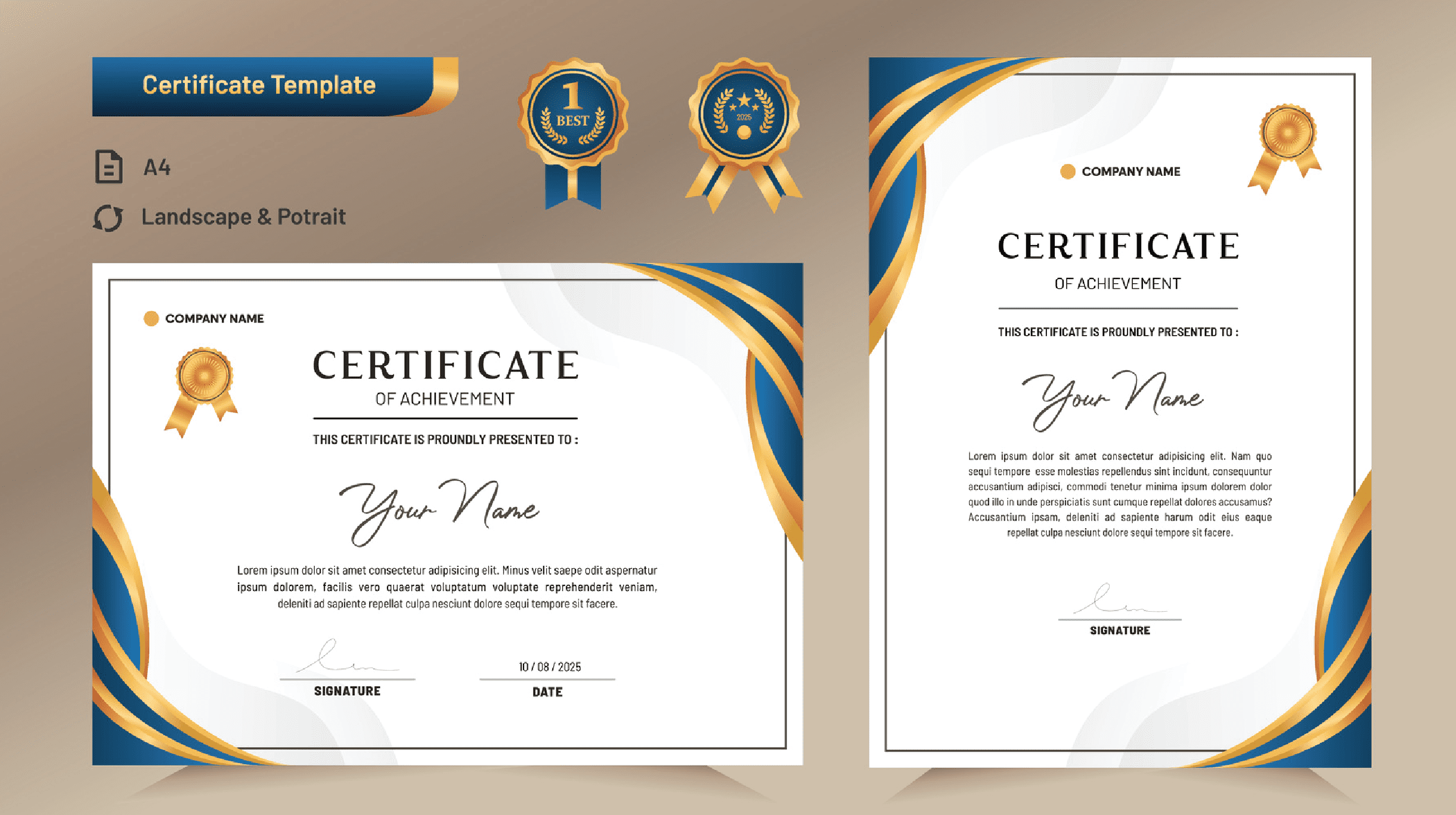"Premium custom printed corporate certificate of achievement template layout showing both horizontal landscape and vertical portrait orientations with luxury blue and gold wavy borders, gold seals, and elegant typography."