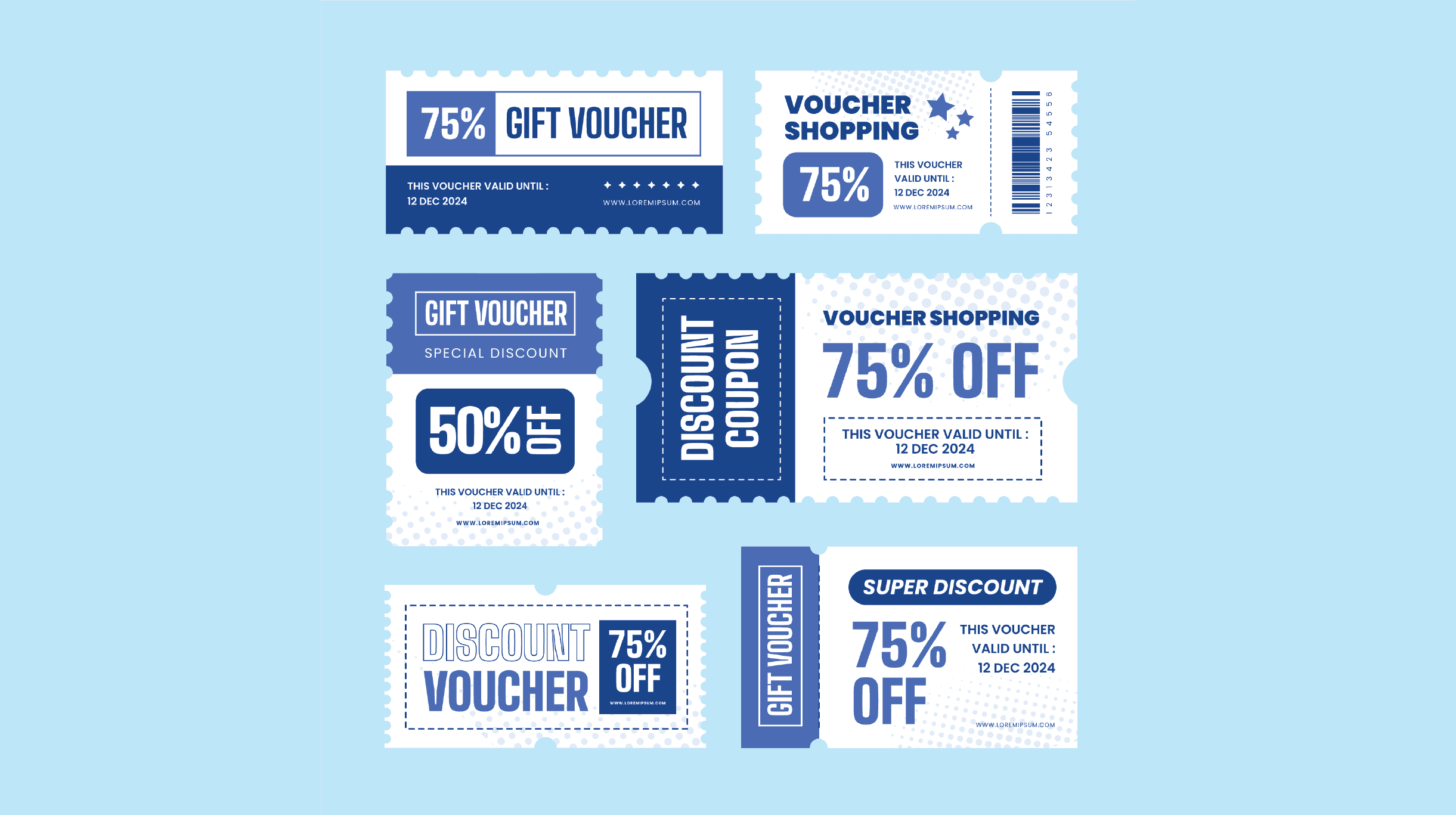 "A set of six minimalist custom printed business gift vouchers and discount coupons designed in a clean blue and white theme with 50% off, 75% off, and barcode details."