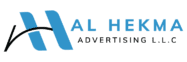 "Official logo for Al Hekma Advertising L.L.C. featuring a stylized blue letter 'H' with a sleek black swoosh line cutting through it, alongside the company name in blue and black typography on a transparent background."