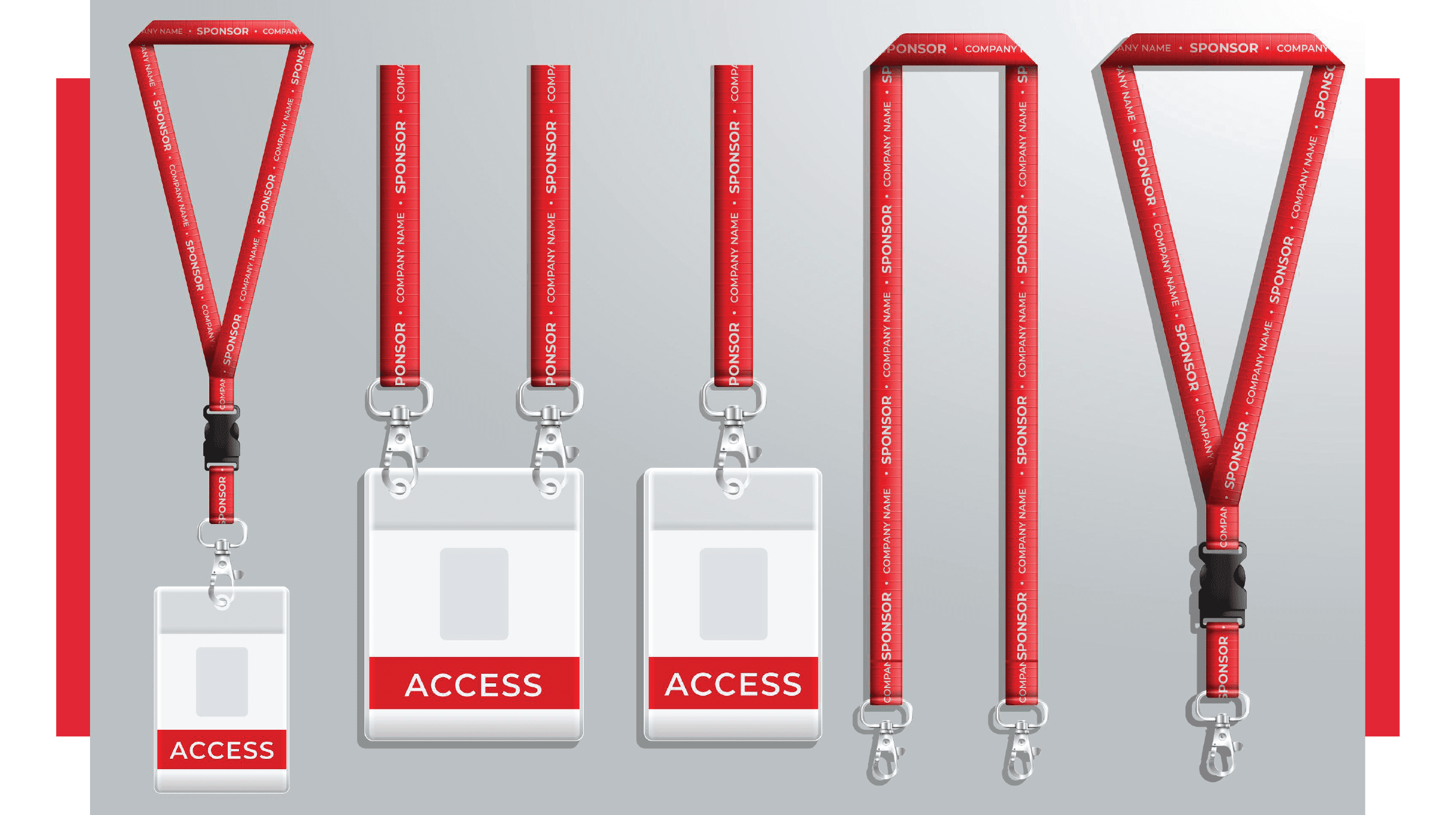 "Custom printed red satin corporate lanyards with silver metal clips and plastic ID badge holders featuring 'ACCESS' text, displayed in a professional mock-up vector template."