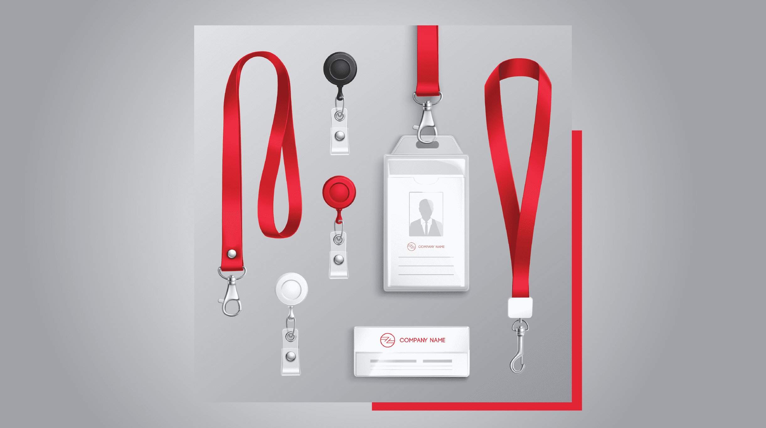 "Custom ID card branding elements including red lanyards, vertical plastic badge holders, retractable badge reels in black, red, and white, and a matching clip-on name tag template on a grey background."