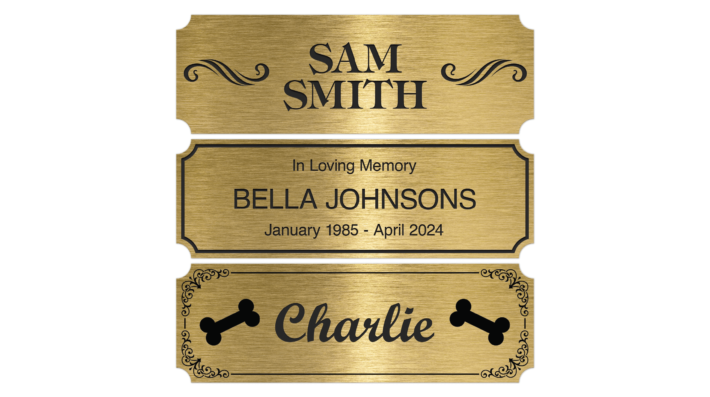 "High-quality custom engraved brass and gold finish metal nameplates showcasing various designs including a professional 'SAM SMITH' plate, an 'In Loving Memory' memorial plate, and a decorative 'Charlie' pet tag, arranged on a marble surface with sample options and engraving tools."