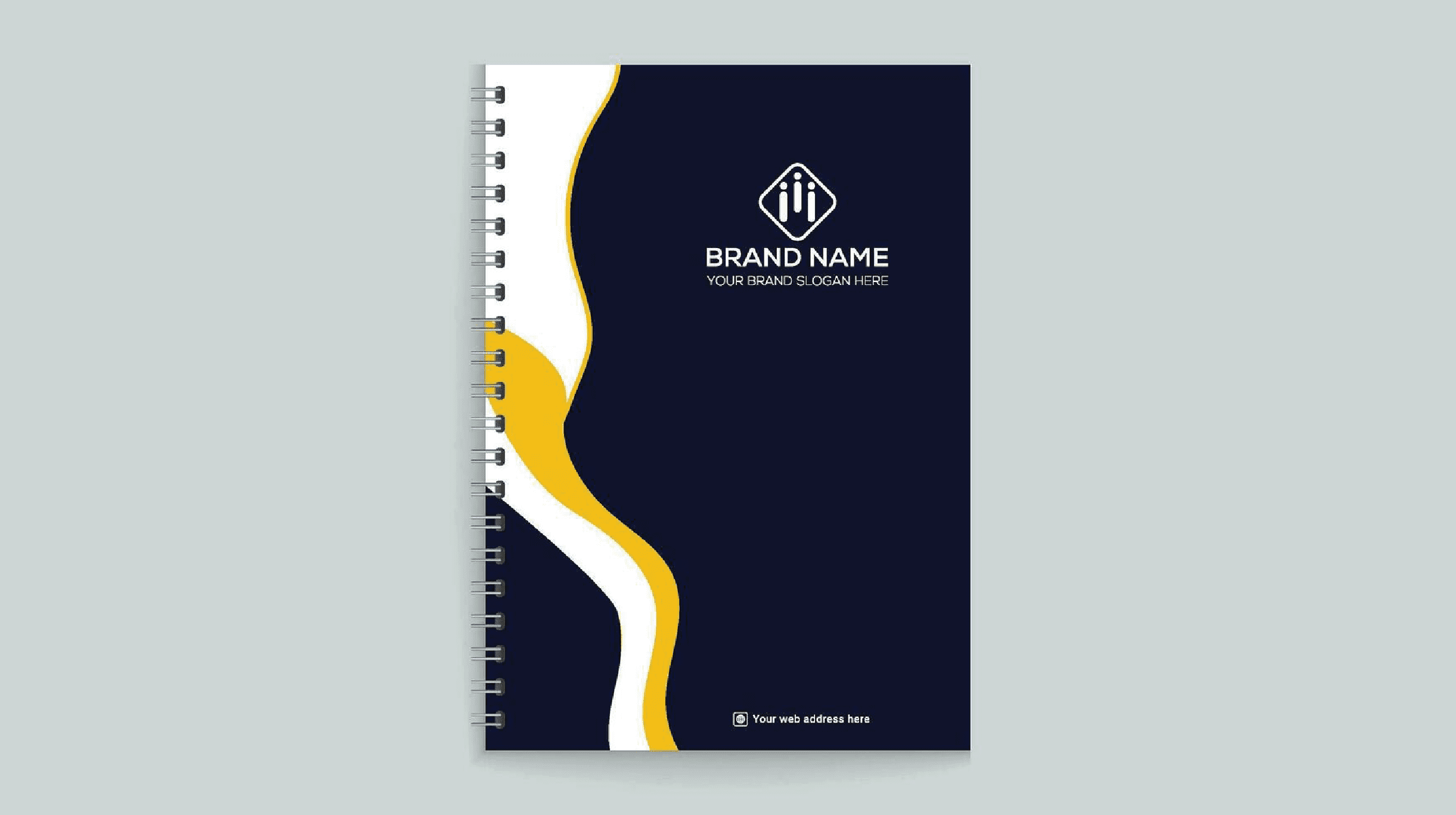 "Custom corporate spiral notebook cover design featuring a professional dark navy blue background with modern yellow and white abstract wavy patterns, complete with corporate branding and logo placeholders."
