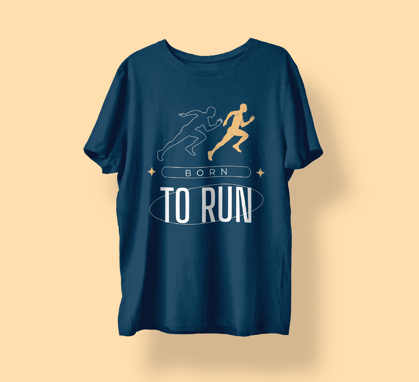 "Premium navy blue cotton t-shirt mockup featuring a 'BORN TO RUN' graphic design with runners in action, displayed on a warm beige background."