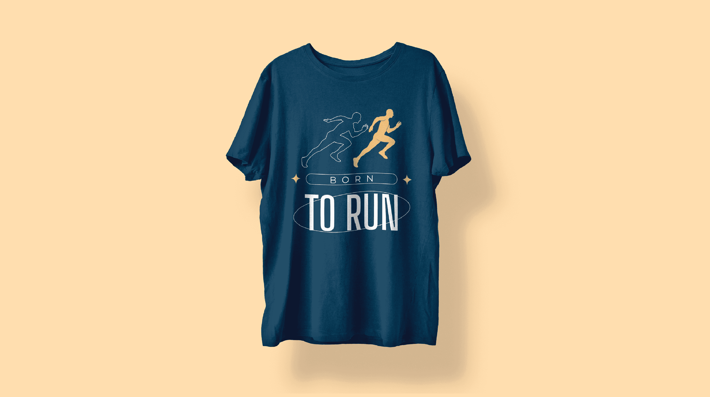 "Premium navy blue cotton t-shirt mockup featuring a 'BORN TO RUN' graphic design with runners in action, displayed on a warm beige background."