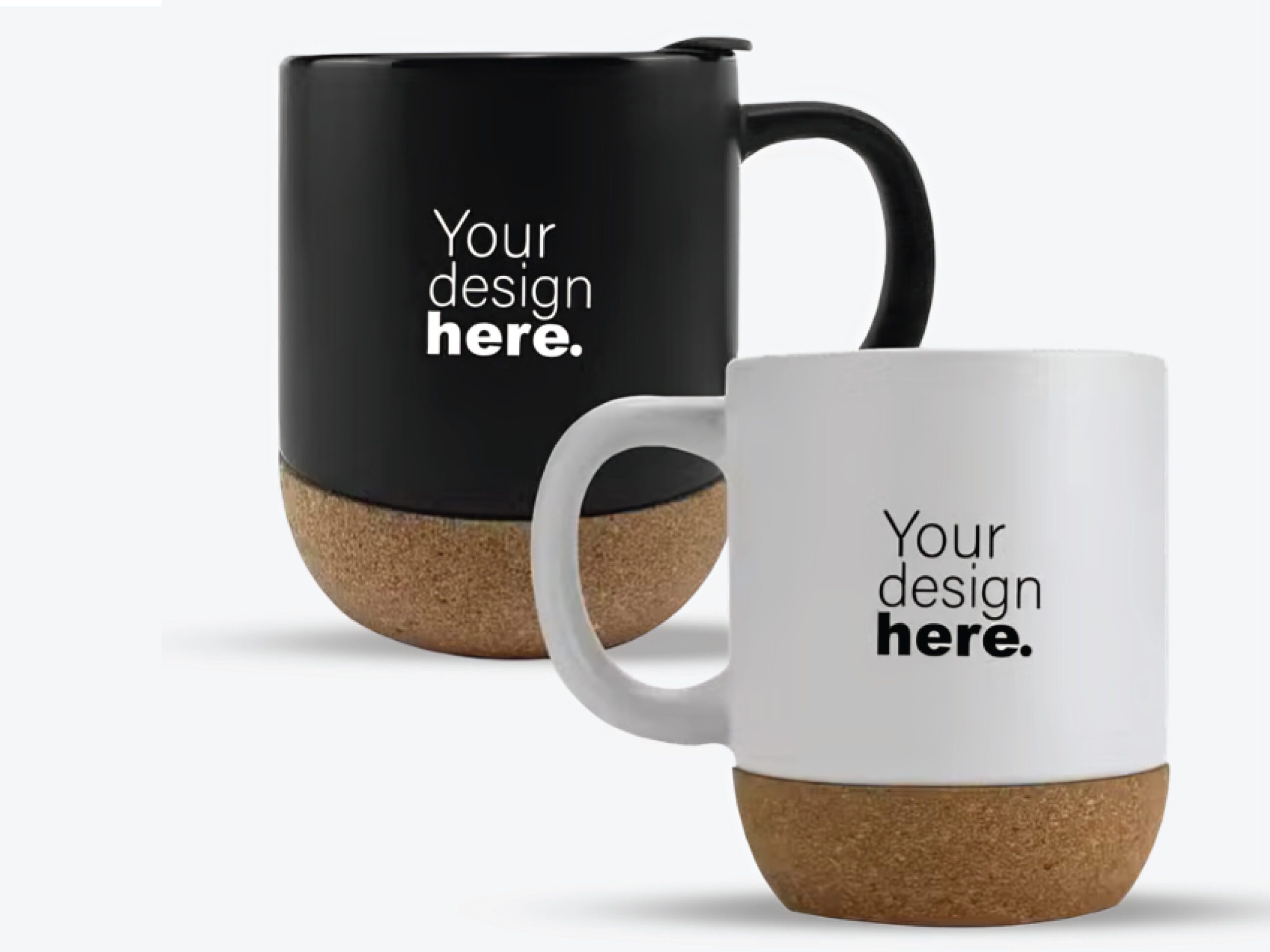 "Premium custom printed ceramic coffee mugs featuring eco-friendly cork bottoms, displayed in matte black with a lid and classic white, both with 'Your design here' text placeholders."