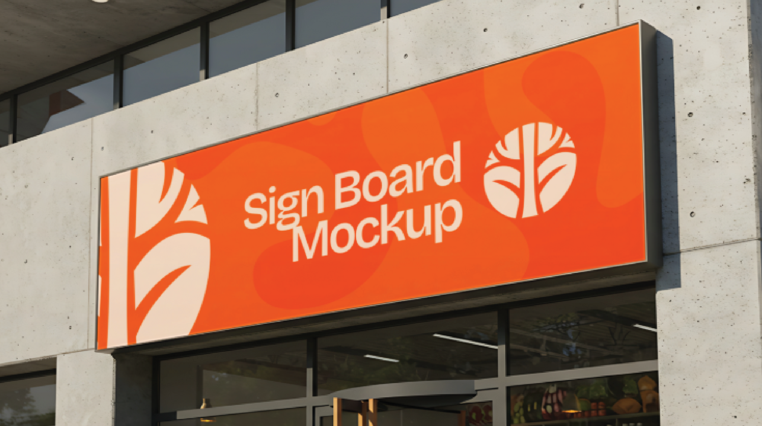 "Outdoor backlit lightbox signage for retail shops, featuring a modern orange design on a concrete building facade."