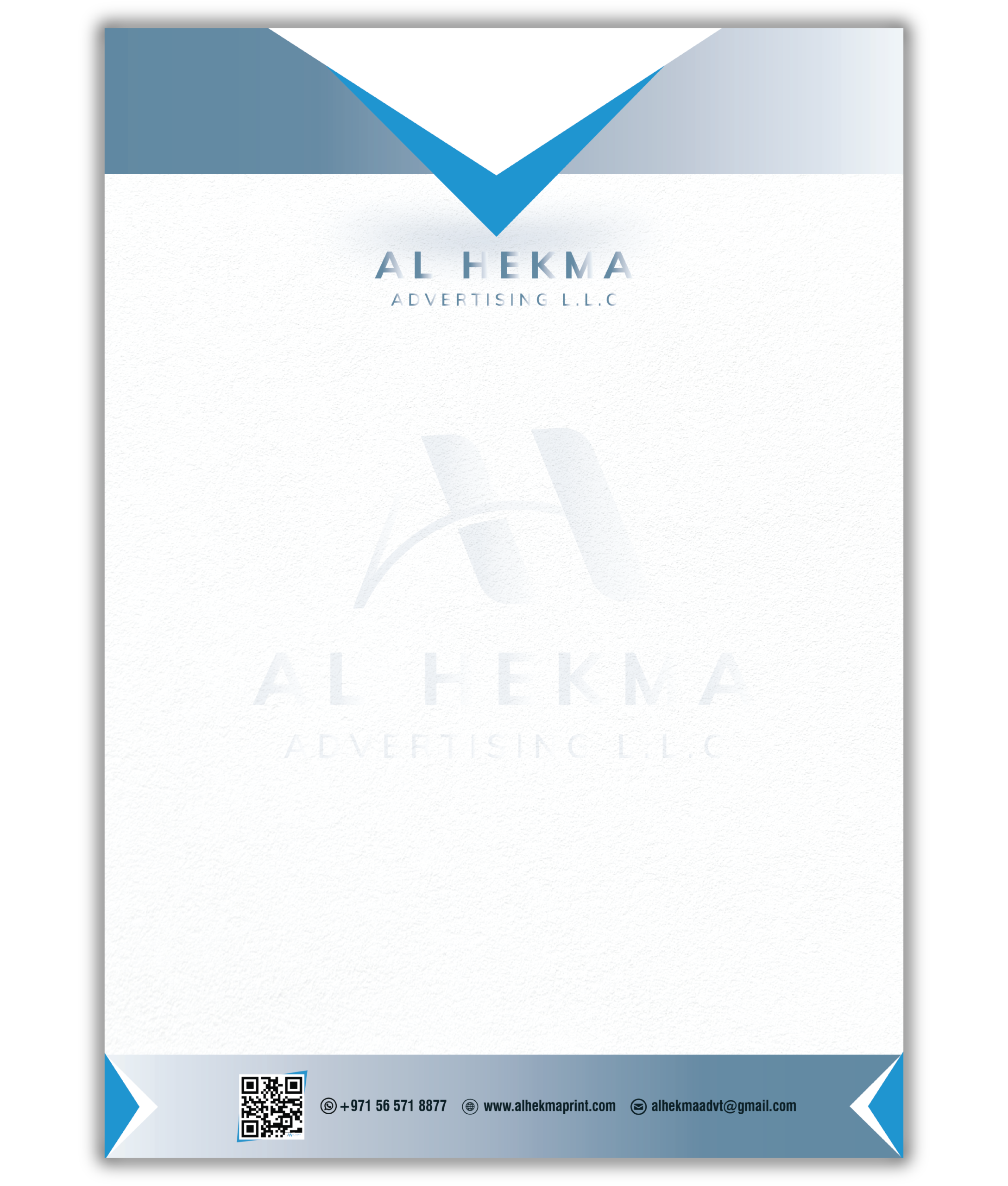 "Modern corporate letterhead design for Al Hekma Advertising with professional blue geometric patterns and contact details."