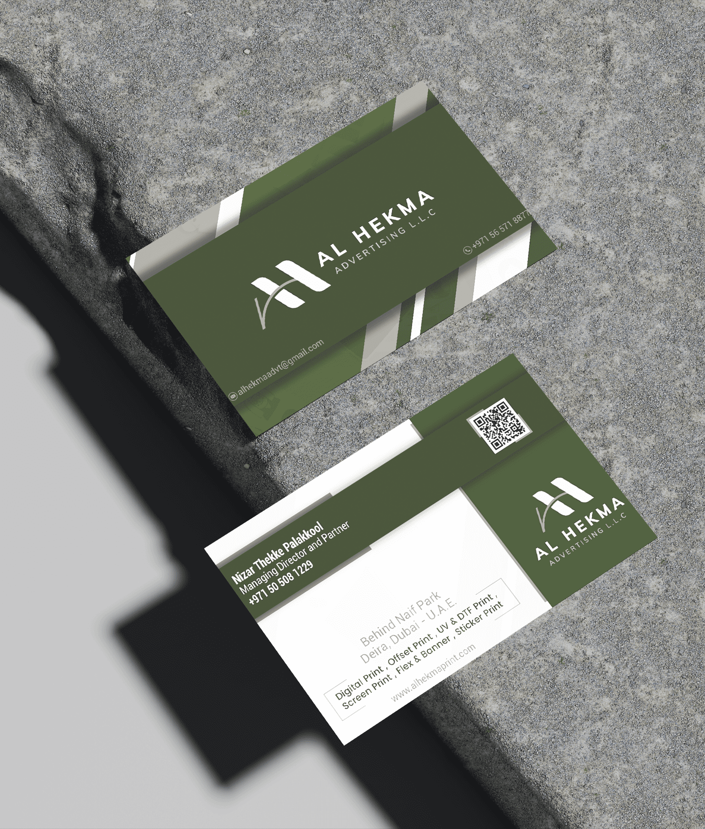 "Professional green and white business card design for Al Hekma Advertising featuring a QR code and modern layout."